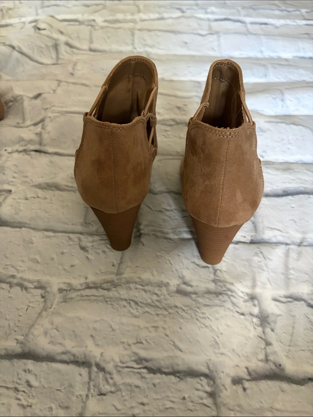 Women's Suede Peep-Toe Wedge Ankle Booties - Tan